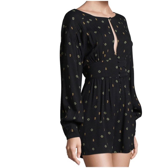 FREE PEOPLE Love Grows Romper Print Long Sleeve Leggy Short, Black Combo, XS - Picture 6 of 10